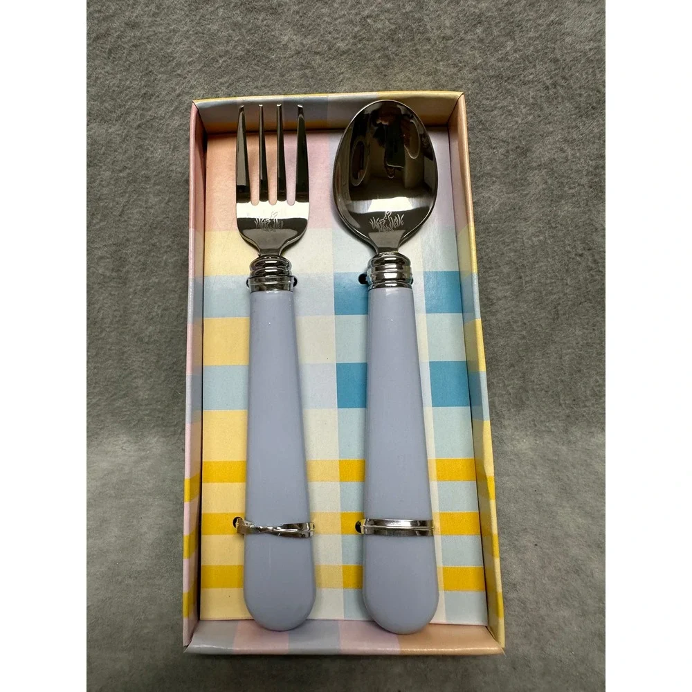 Golden Rabbit Flatware Set‎ Childrens Fork Spoon Pastel Blue Stainless Silver